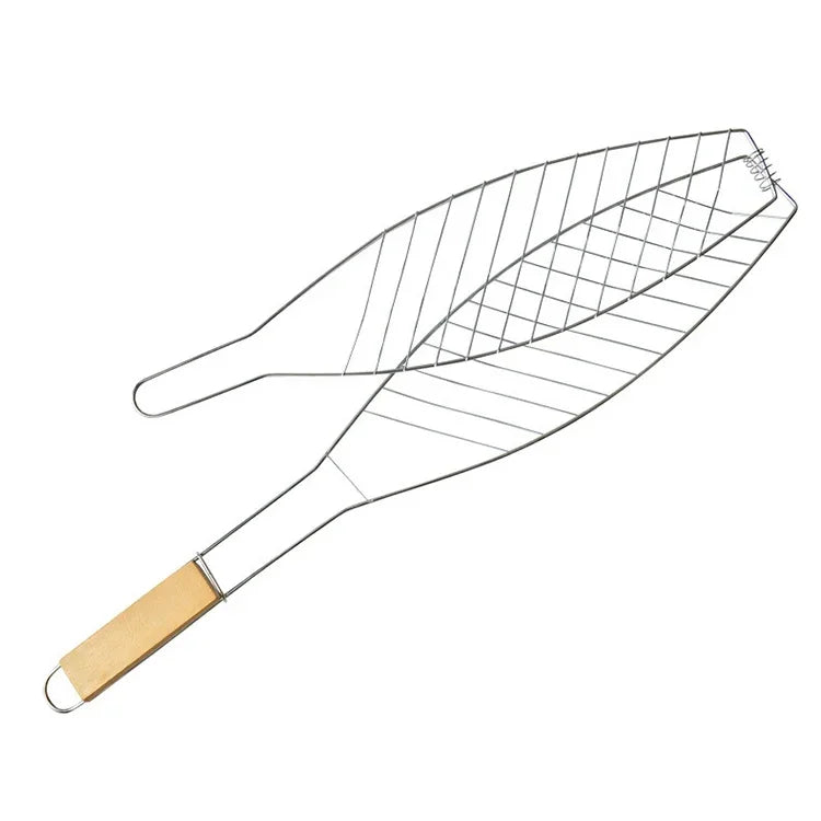 鍍鉻木柄單魚燒烤網夾 戶外烤魚夾 燒烤工具