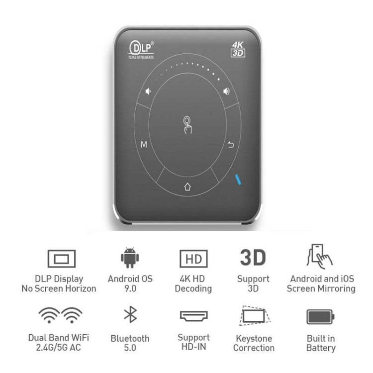 P11 854x480 DLP 迷你智能投影機，帶紅外遙控，Android 9.0，2GB+16GB，支持 2.4G/5G WiFi，藍牙，TF 卡