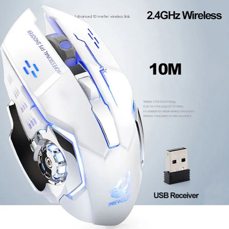 FREEDOM-WOLF X8 2400 DPI 6鍵2.4G無線充電靜音發光遊戲機械滑鼠，X8黑色、X8金屬灰、X8星空黑