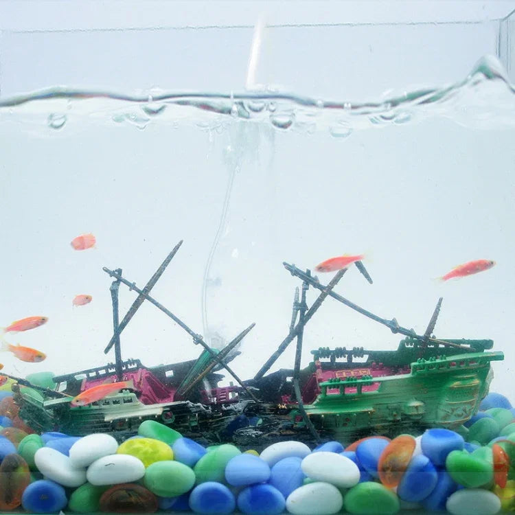 水族箱魚缸水族造景裝飾增氧玩具腐爛沉船，腐爛沉船玩具