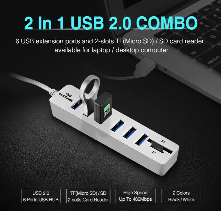 多功能 USB 2.0 集線器 USB 分接器高速 6 埠含 TF SD 卡讀卡器