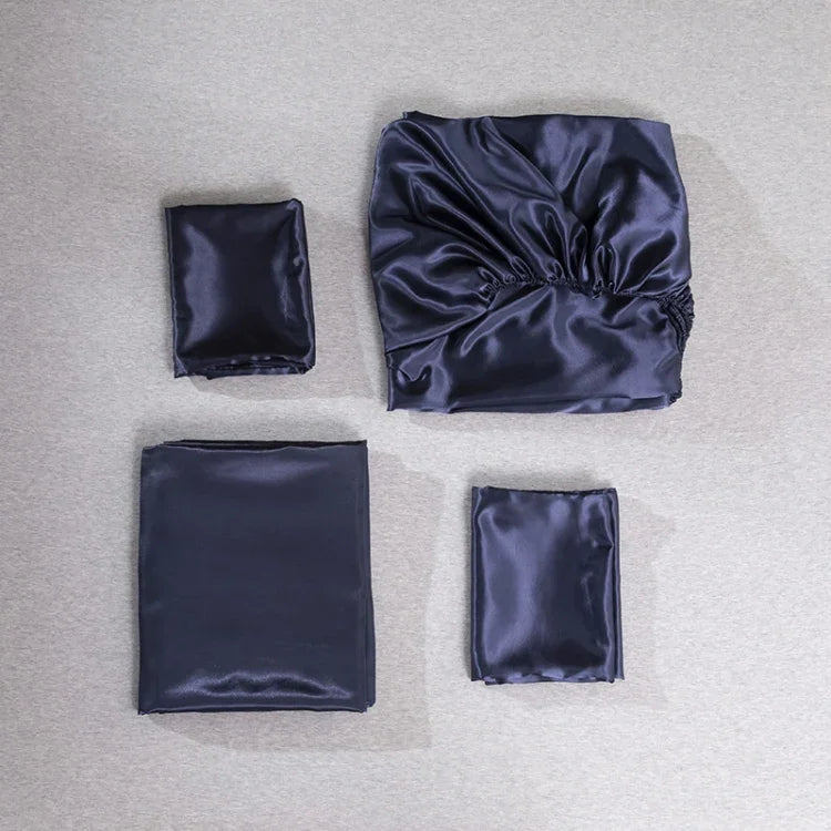 家用冰絲仿真絲四件套枕套平單床笠套裝，美國全尺寸/英國雙人：138x190x35cm，美國皇后/英國大號：153x203x35cm，美國特大號：198x203x35cm，英國超大號：180x200x35cm，美國特大號：198x203x35cm