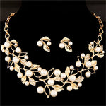 Leaf Crystal Simulated Pearl Wedding Jewelry Necklaces Earrings Sets, Gold, Silver