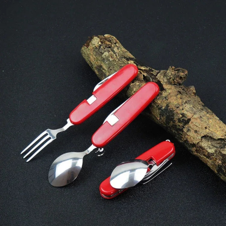 戶外餐具不鏽鋼湯匙／叉子／刀／開瓶器4合1多功能折疊餐具套裝