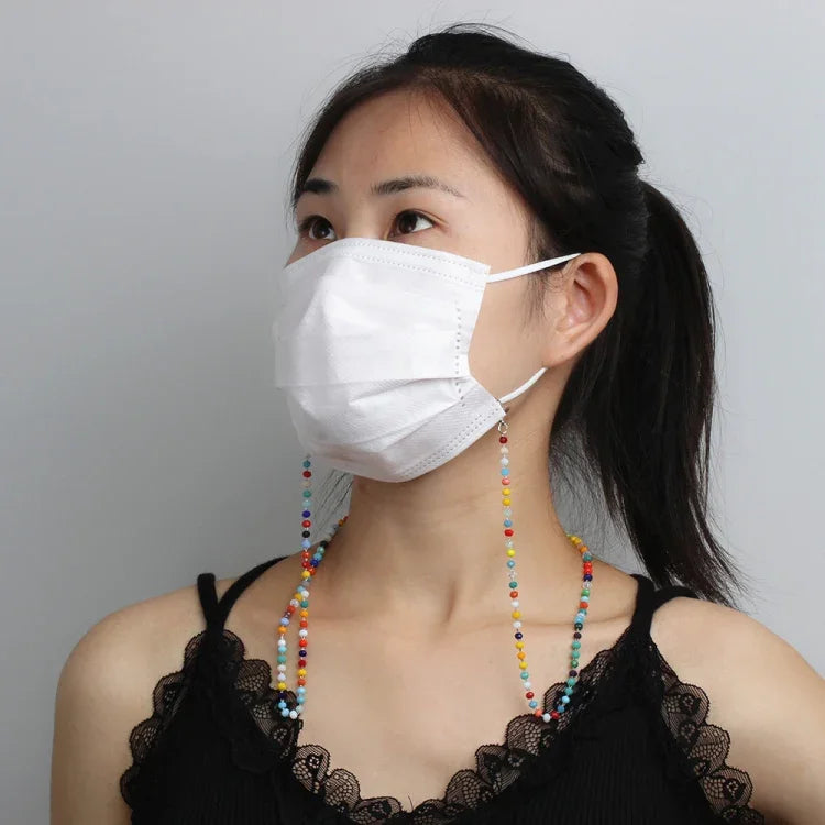 口罩掛繩手工水晶珠鏈防掉掛眼鏡鏈，白色