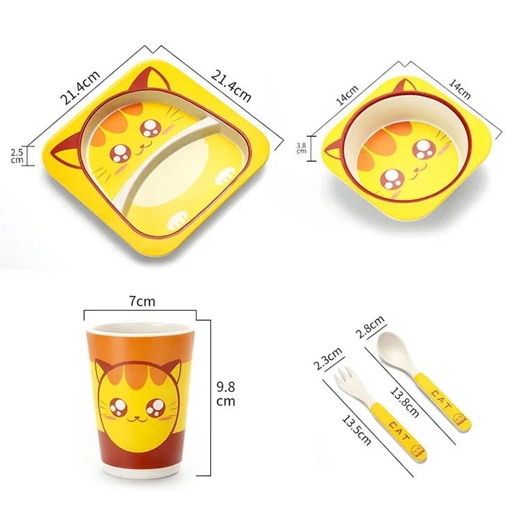 嬰兒餐具套裝 卡通叉子餵食碗 兒童餐具 天然竹纖維碗附杯子湯匙盤子