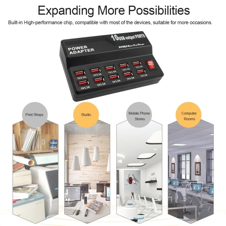 100-240V USB 介面智能快充數字電子充電器多功能充電器，美規插頭，10 端口，12 端口