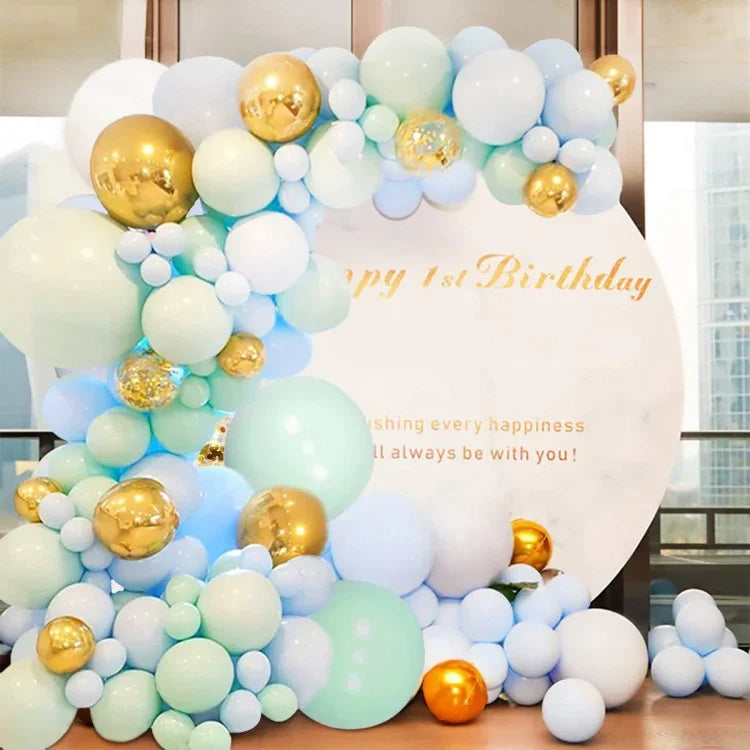 馬卡龍綠藍氣球鏈包裝生日婚禮派對背景牆裝飾氣球組合，馬卡龍裝飾氣球組合