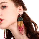 Ethnic Earrings Handmade Beaded Bohemian Tassel Earrings, Green E68671