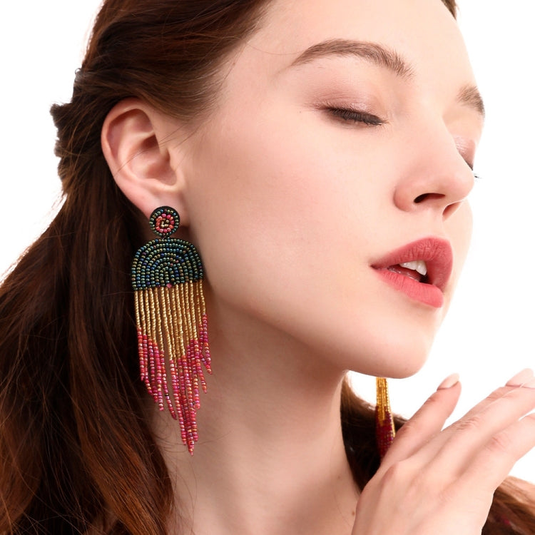Ethnic Earrings Handmade Beaded Bohemian Tassel Earrings, Green E68671