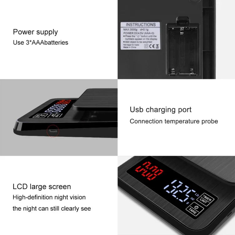 家用手推咖啡秤USB供電智能廚房秤帶計時，3kg/0.1g，5kg/0.1g，10kg/1g
