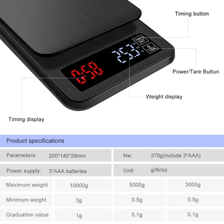 家用手推咖啡秤USB供電智能廚房秤帶計時，3kg/0.1g，5kg/0.1g，10kg/1g