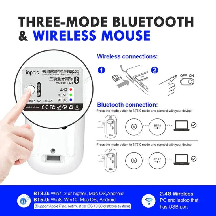 Inphic PM1 Office Mute Wireless Laptop Mouse, Battery Display