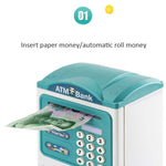 Simulation Password Fingerprint Sensor Unlocking Money Box Automatic Roll Money Safe ATM Piggy Bank, Pink, Blue