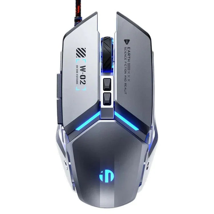 Inphic W-02 6鍵家用辦公發光巨集編程 USB 電腦機械遊戲有線滑鼠，W-02（金屬灰）