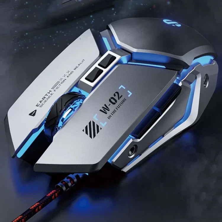 Inphic W-02 6鍵家用辦公發光巨集編程 USB 電腦機械遊戲有線滑鼠，W-02（金屬灰）