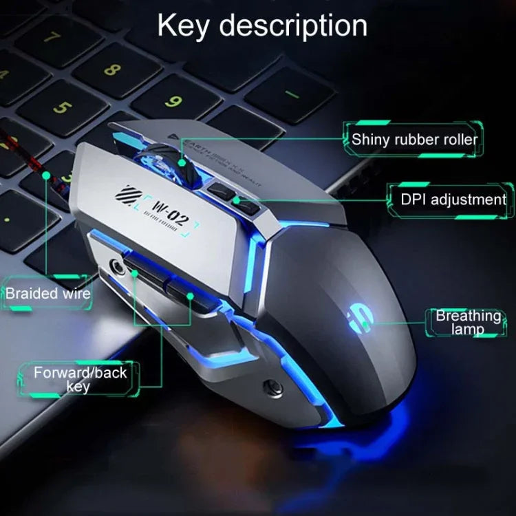Inphic W-02 6鍵家用辦公發光巨集編程 USB 電腦機械遊戲有線滑鼠，W-02（金屬灰）