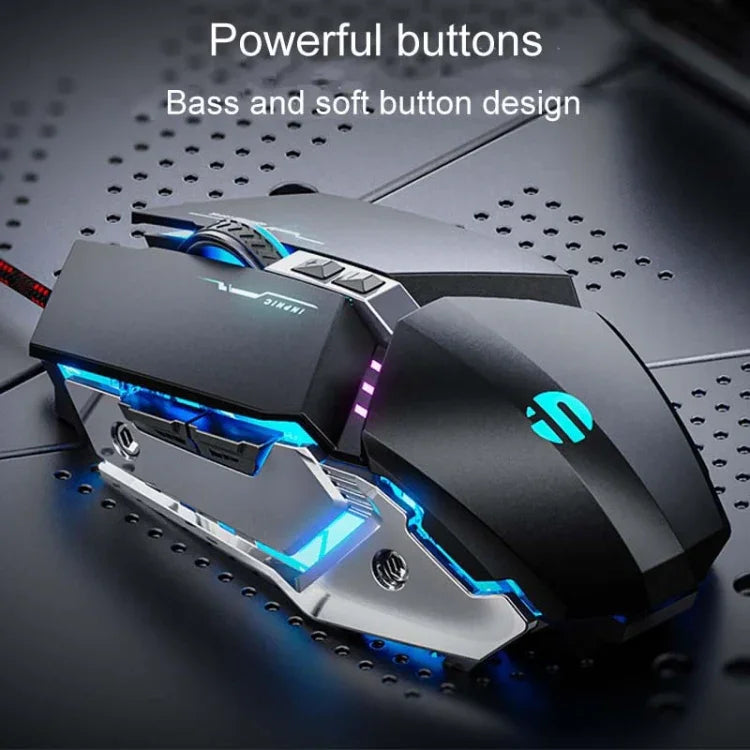 Inphic W-02 6鍵家用辦公發光巨集編程 USB 電腦機械遊戲有線滑鼠，W-02（金屬灰）
