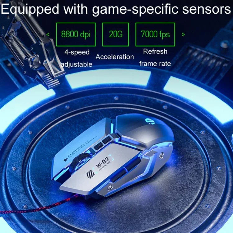 Inphic W-02 6鍵家用辦公發光巨集編程 USB 電腦機械遊戲有線滑鼠，W-02（金屬灰）