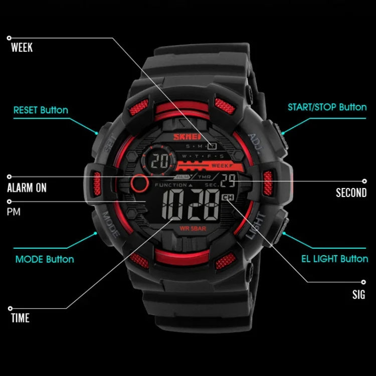 SKMEI 1243 Men Sports Watch Outdoor Waterproof Digital Watch, Red, Black, Golden