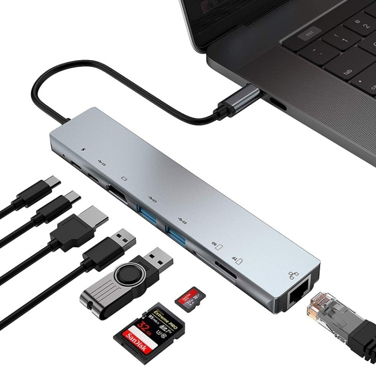 WC7367 8 合 1 87W Type-C 轉 PD+USB3.0/USB2.0+SD+TF+HDMI+RJ45+Type-C 擴充基座集線器，WC7367