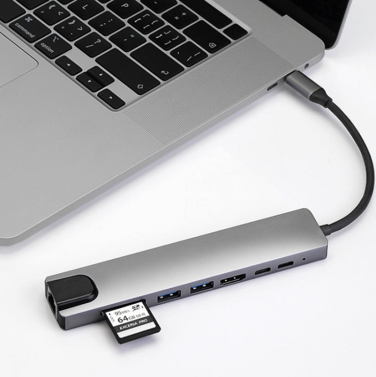WC7367 8 合 1 87W Type-C 轉 PD+USB3.0/USB2.0+SD+TF+HDMI+RJ45+Type-C 擴充基座集線器，WC7367