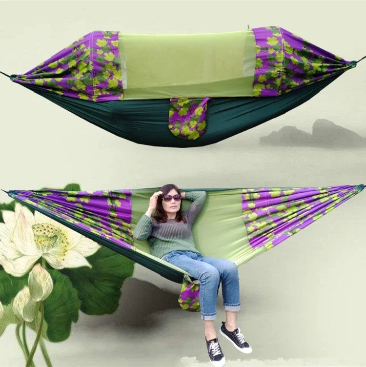戶外露營防蚊遮陽吊床 降落傘布印花蚊帳吊床，尺寸：270x140cm，270x140cm 楓葉