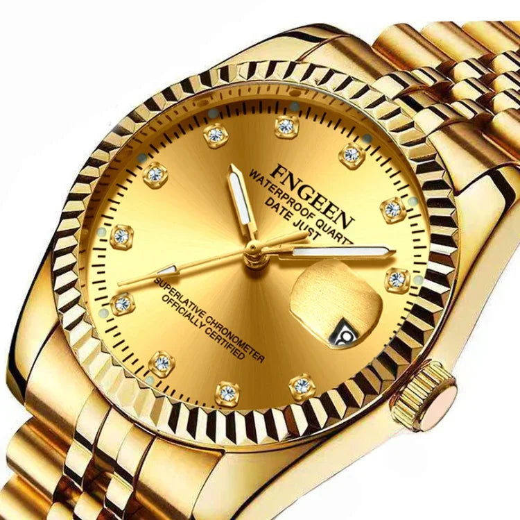 FNGEEN 7008 男士時尚鑽石錶盤手錶 情侶錶，全金色金面，全金色黑面，全金色白面，金色面，金色黑面，金色白面，棕色皮革全金色面