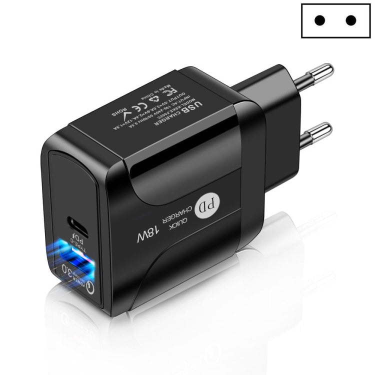 18W PD + QC 3.0 快速充電旅行充電器，帶LED指示功能，歐規插頭黑色，美規插頭黑色，英規插頭黑色，歐規插頭白色，美規插頭白色，英規插頭白色
