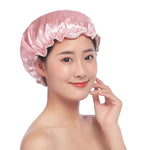 可愛加厚女士緞面彩色雙層防水浴帽，粉色，金色，灰色