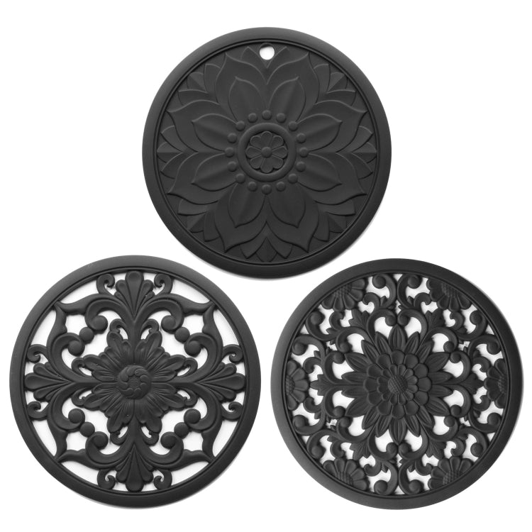 3合1空心花形矽膠隔熱墊防燙鍋碗墊套裝，黑色，黃色，藍色，綠色，紫色，灰色