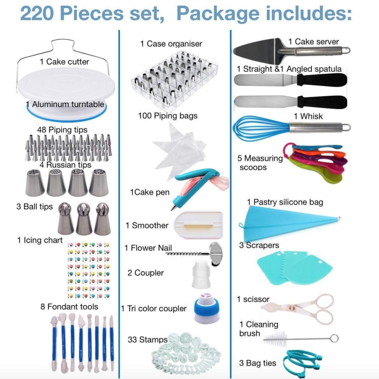 220合1蛋糕轉盤裝飾噴嘴套裝烘焙工具翻糖模具套裝，220件/套