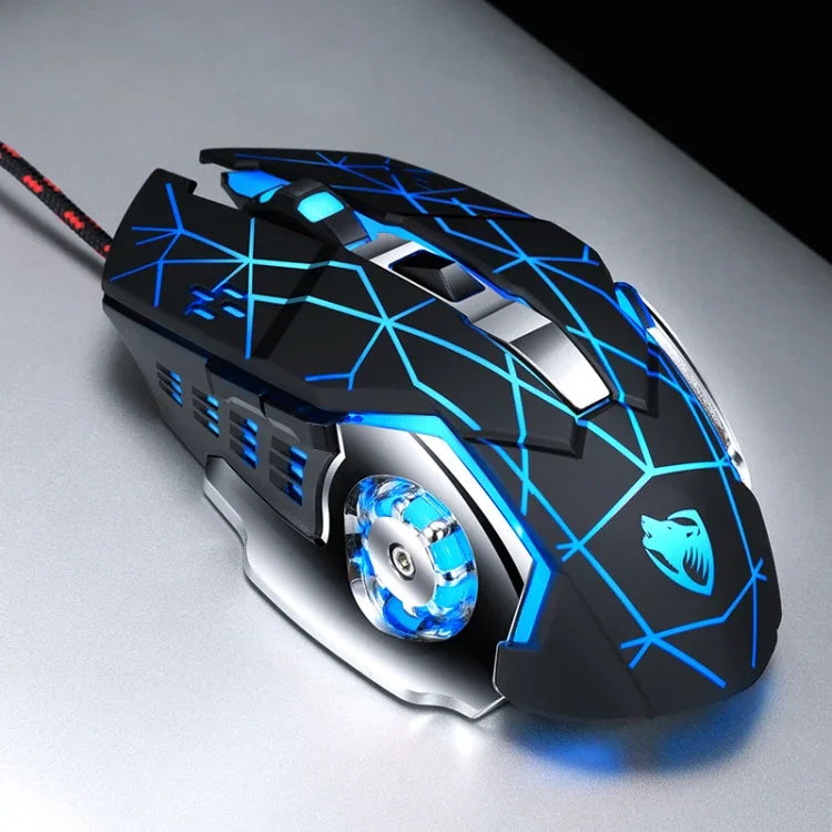 T-WOLF V6 USB 介面 6鍵 3200 DPI 有線滑鼠遊戲機械巨集編程 7色發光遊戲滑鼠，線長：1.5m，巨集定義音效版黑銀，巨集定義音效版鐵灰