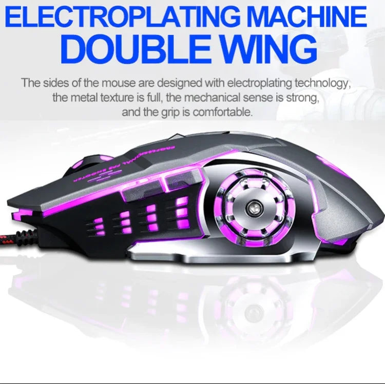 T-WOLF V6 USB 介面 6鍵 3200 DPI 有線滑鼠遊戲機械巨集編程 7色發光遊戲滑鼠，線長：1.5m，巨集定義音效版黑銀，巨集定義音效版鐵灰
