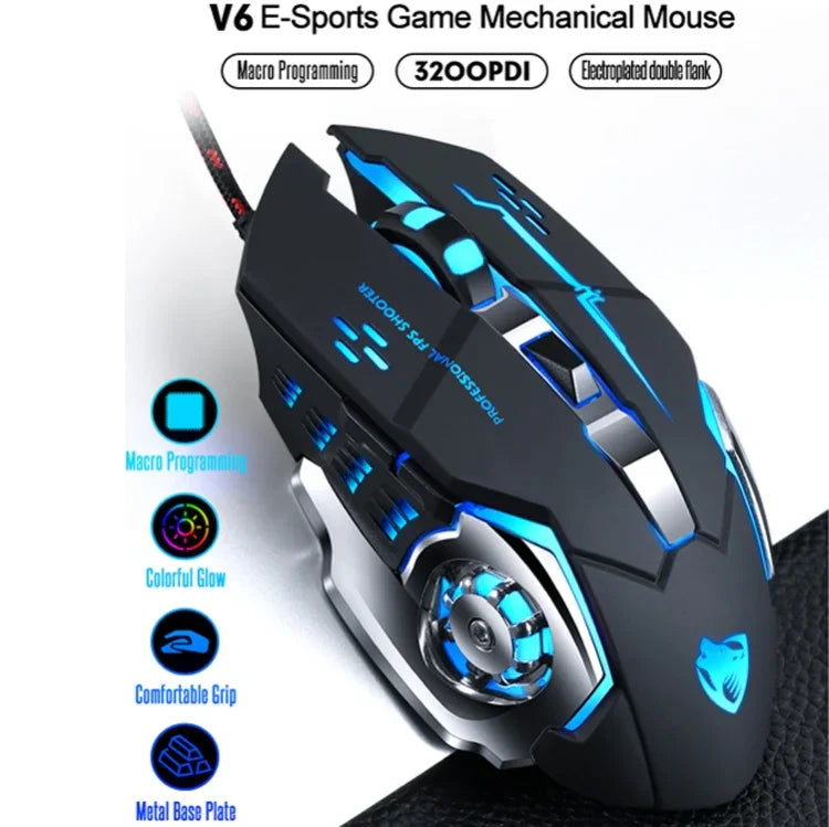 T-WOLF V6 USB 介面 6鍵 3200 DPI 有線滑鼠遊戲機械巨集編程 7色發光遊戲滑鼠，線長：1.5m，巨集定義音效版黑銀，巨集定義音效版鐵灰