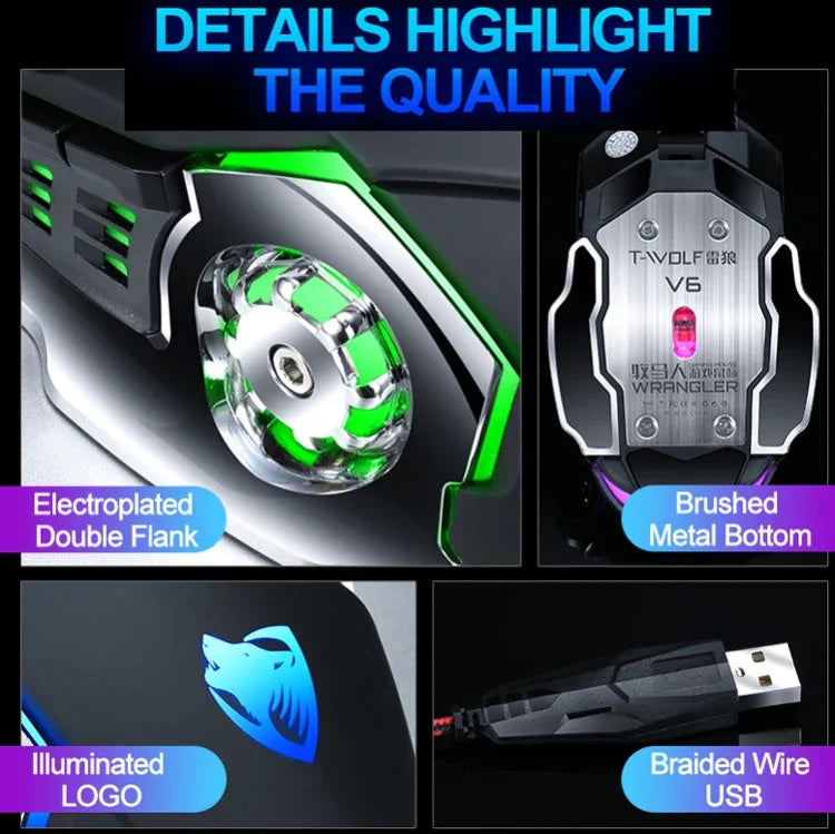 T-WOLF V6 USB 介面 6鍵 3200 DPI 有線滑鼠遊戲機械巨集編程 7色發光遊戲滑鼠，線長：1.5m，巨集定義音效版黑銀，巨集定義音效版鐵灰