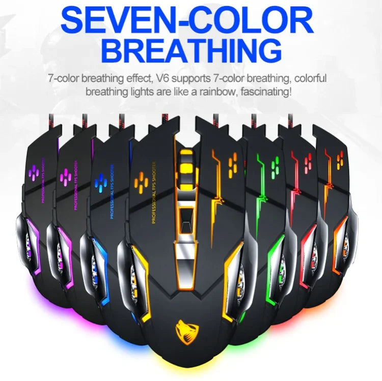 T-WOLF V6 USB 介面 6鍵 3200 DPI 有線滑鼠遊戲機械巨集編程 7色發光遊戲滑鼠，線長：1.5m，巨集定義音效版黑銀，巨集定義音效版鐵灰
