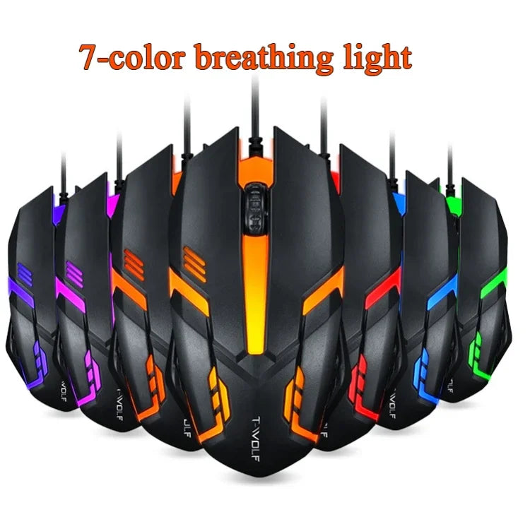 2件裝 T-WOLF V1 USB介面 3鍵 1200 DPI 有線滑鼠 7色背光電競滑鼠 線長：1.35米