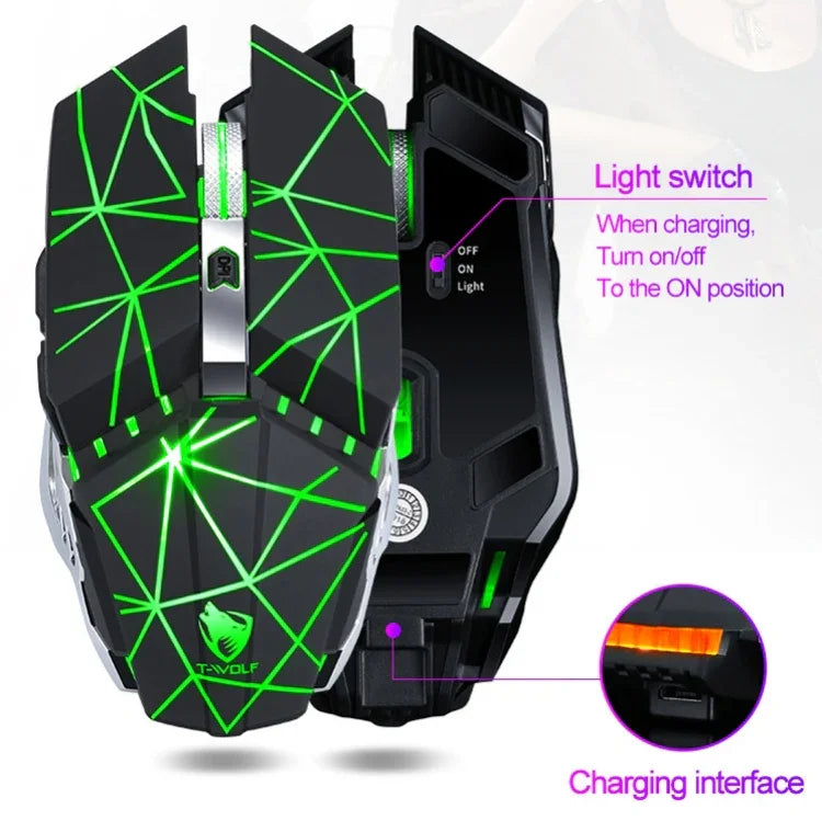 T-WOLF Q15 6鍵 1600 DPI 無線可充電靜音辦公遊戲滑鼠，帶7色呼吸燈，科技黑，星空黑，珍珠白