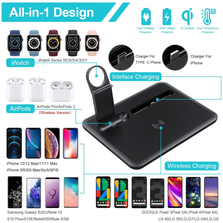 HQ-UD17 4 合 1 無線充電器手機支架充電底座，適用 iPhone、iWatch、AirPods 及其他 Android 手機，HQ-UD17