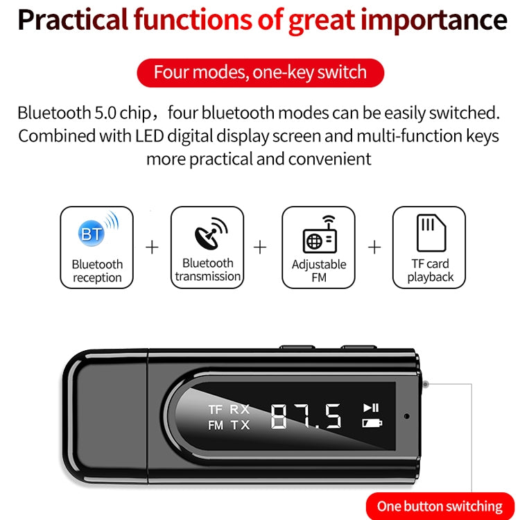USB 車用藍牙 5.0 轉接器接收器 FM + AUX 音頻雙輸出立體聲發射器，K9 黑色