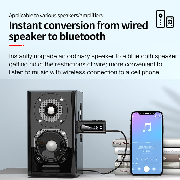 USB 車用藍牙 5.0 轉接器接收器 FM + AUX 音頻雙輸出立體聲發射器，K9 黑色