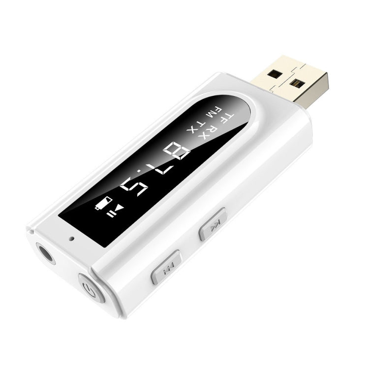 USB 車用藍牙 5.0 轉接器接收器 FM + AUX 音頻雙輸出立體聲發射器，K9 白色