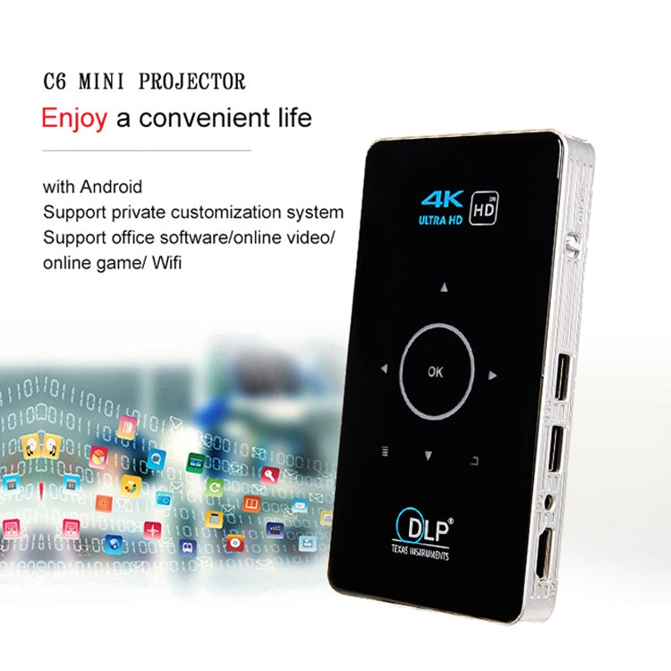 C6 2GB+32GB Android 智能 DLP 高清投影機 迷你無線投影機，美國插頭（黑色），歐洲插頭（黑色），英國插頭（黑色），澳洲插頭（黑色），美國插頭（白色），英國插頭（白色），澳洲插頭（白色）