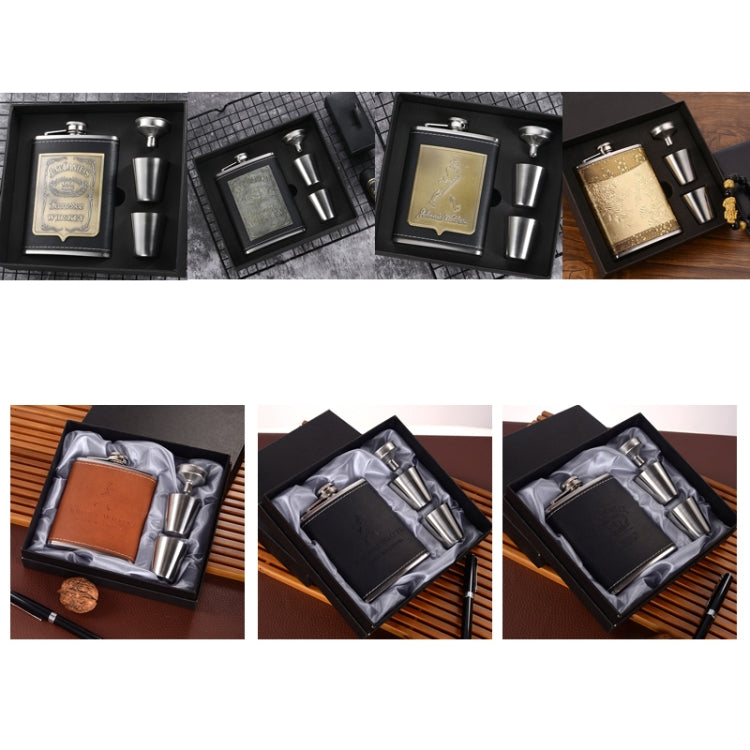 便攜不鏽鋼酒壺套裝帶酒杯漏斗，款式：8OZ 新Jack補丁核心，8OZ 舊Jack補丁核心，8OZ 老人補丁核心，8OZ 黃色花紋核心，7OZ 黑色皮革Jack灰色，7OZ 黃色皮革Jack老人灰色