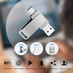 USB 3.0 + 8 針 + USB-C / Type-C 三合一手機電腦金屬旋轉隨身碟，32GB，16GB，64GB