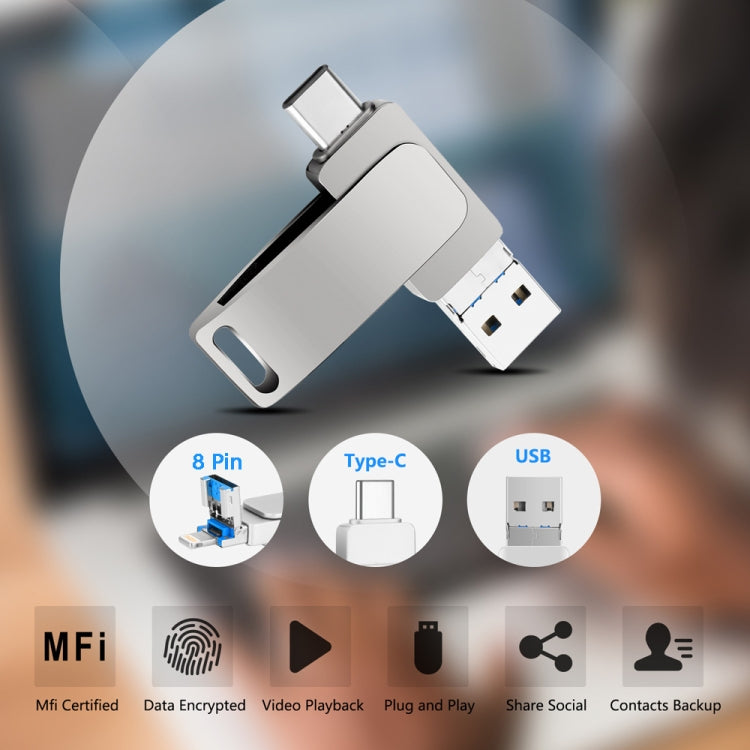 USB 3.0 + 8 針 + USB-C / Type-C 三合一手機電腦金屬旋轉隨身碟，32GB，16GB，64GB