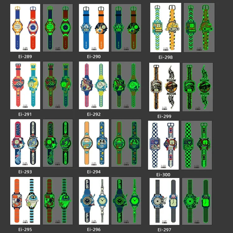 20片兒童防水發光卡通手錶紋身貼紙，Ei-289, EI-290, Ei-291, EI-292, Ei-293, Ei-294, Ei-295, Ei-296, Ei-297, Ei-298, Ei-299, EI-300