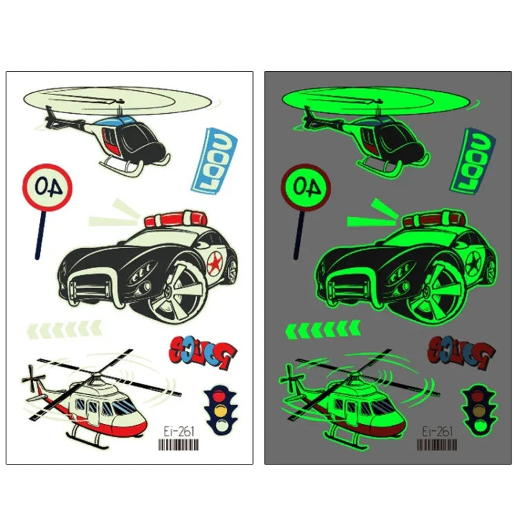 20片防水兒童發光卡通交通工具紋身貼紙，Ei-261, Ei-262, Ei-263, Ei-264, Ei-265, Ei-266, Ei-267, Ei-268, Ei-269, Ei-270, Ei-271, Ei-272, Ei-273, Ei-274, Ei-275, Ei-276