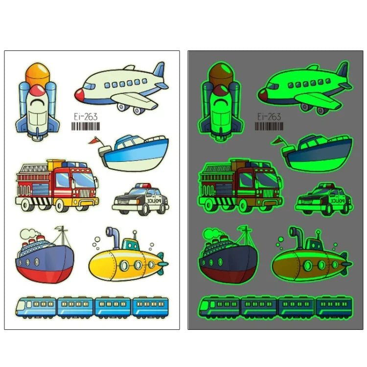 20片防水兒童發光卡通交通工具紋身貼紙，Ei-261, Ei-262, Ei-263, Ei-264, Ei-265, Ei-266, Ei-267, Ei-268, Ei-269, Ei-270, Ei-271, Ei-272, Ei-273, Ei-274, Ei-275, Ei-276